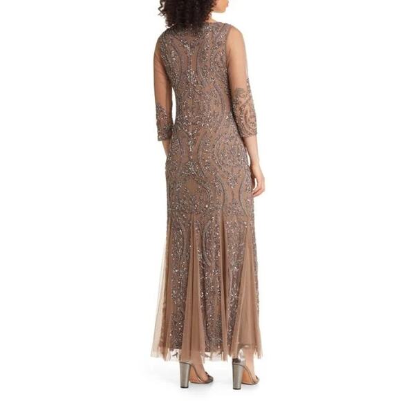 NWT PISARRO NIGHTS $268 Mocha Sequin Illusion Mesh 3/4 Sleeve Gown Size 14 - Picture 2 of 11
